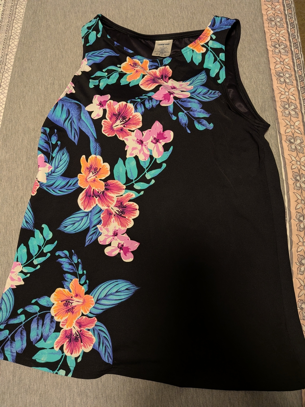 Long Torso Lands' End Black Swim Tank with Teal, Pink & Orange Floral Print